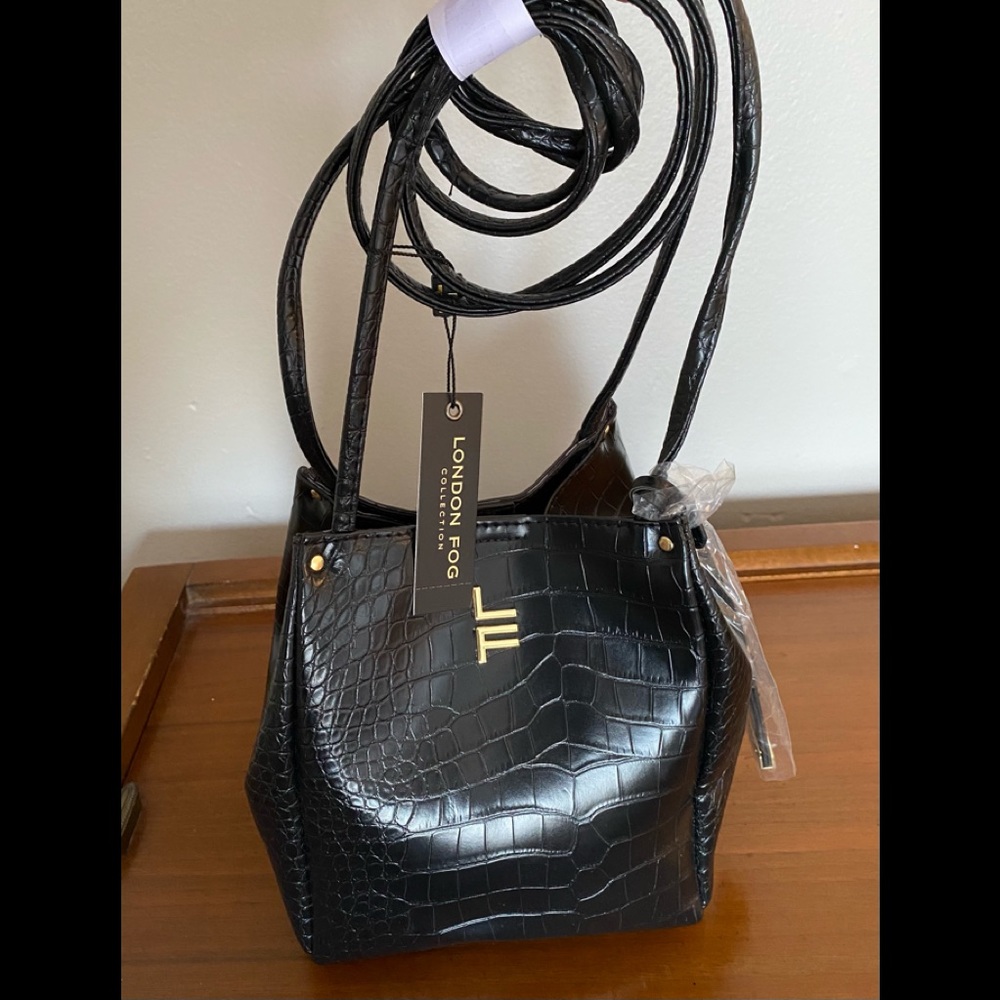 London Fog Black Croc-Embossed Satchel with Gold Accents